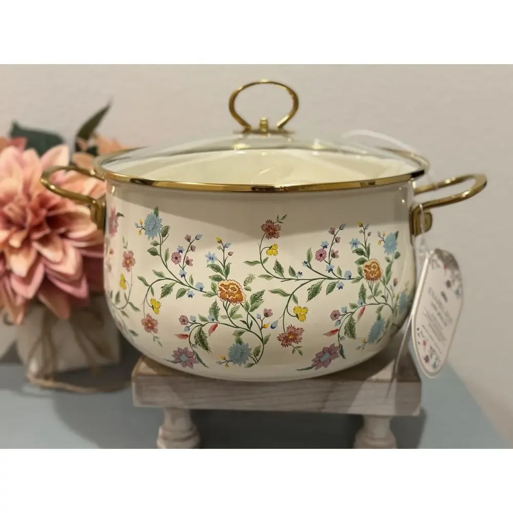 Alta Wildflower Patterned Enamel Pot w/glass lid and golden handle 6.55 Qt
